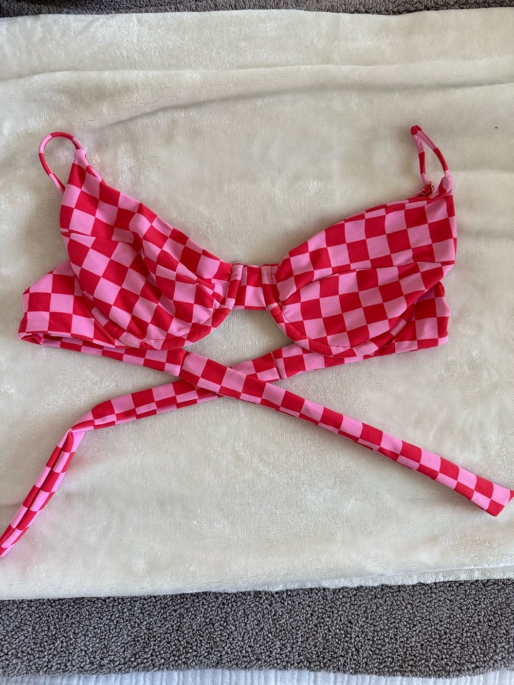 Skatie Pink and Red Checkerboard Bikini Top